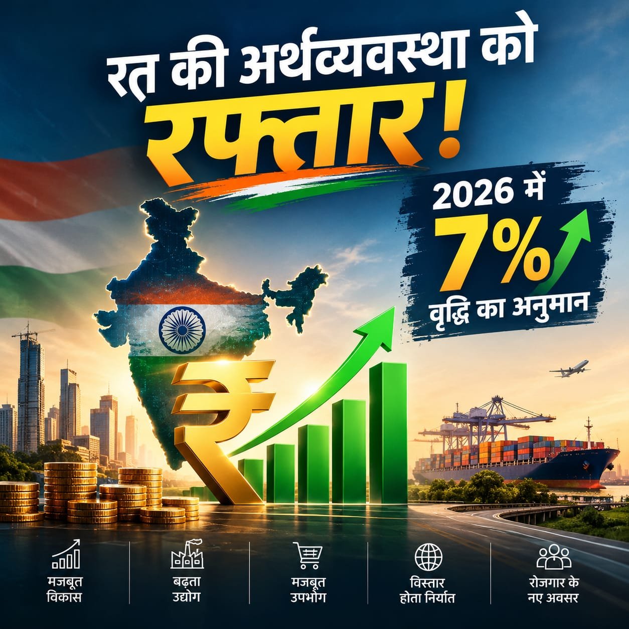 भारत की अर्थव्यवस्था को रफ्तार! 2026 में 7% वृद्धि का अनुमान